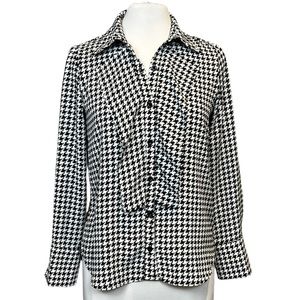 Kay Celine Dorian Ruffle Front Poly Chiffon Houndstooth Print Blouse XS